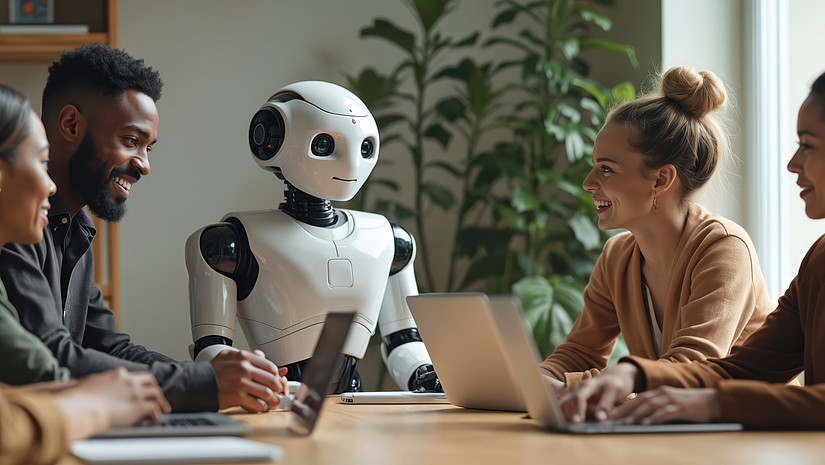 AdobeStock|1503818841 Personengruppe mit Roboter an einem Tisch in Arbeitssituation