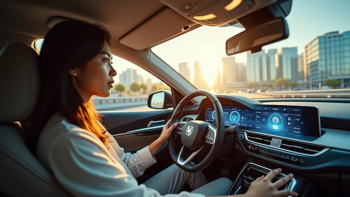 Frau im Auto mit Assistenzsystem