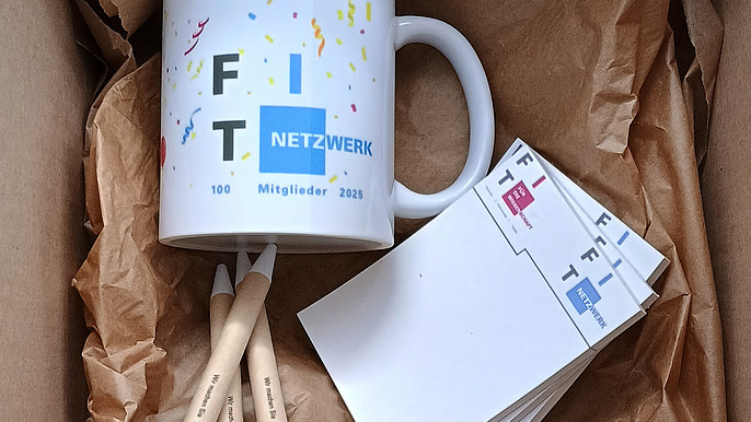 Zeigt den Inhalt des Jubiläumspakets mit einer Tasse mit der Aufschrift "FIT-Netzwerk 100 Mitglieder 2025", 3 Blöcken mit den beiden FIT-Logos und 3 Kugelschreibern mit der Aufschrift "Wir machen Sie FIT für die Wissenschaft"